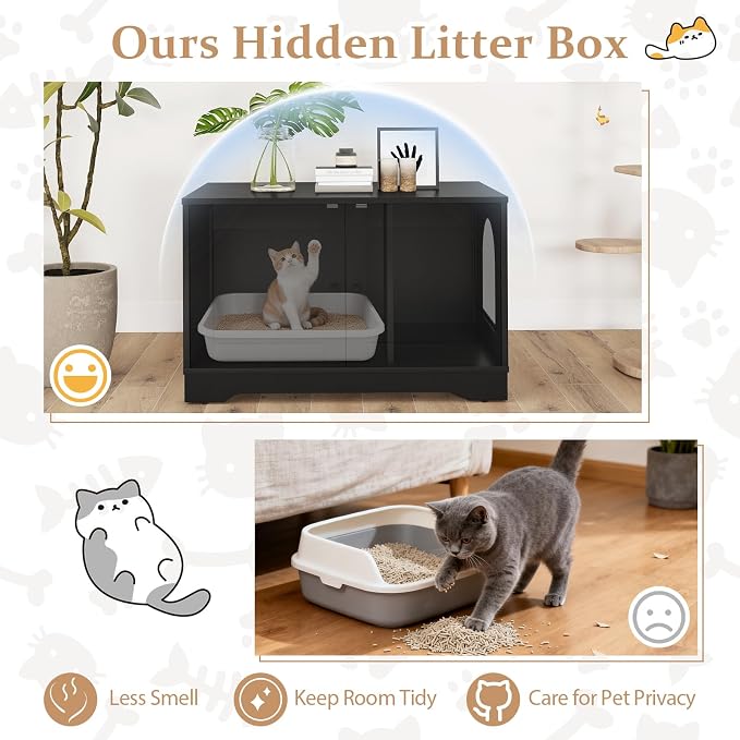 Tangkula Cat Litter Box Enclosure, Wooden Kitty Washroom Cabinet w/Winding Entry & Cat Hole, with Divider, Hidden Double Enclosed Litter Box Furniture for Living Room, Bedroom, Entryway (Black) - Image 3