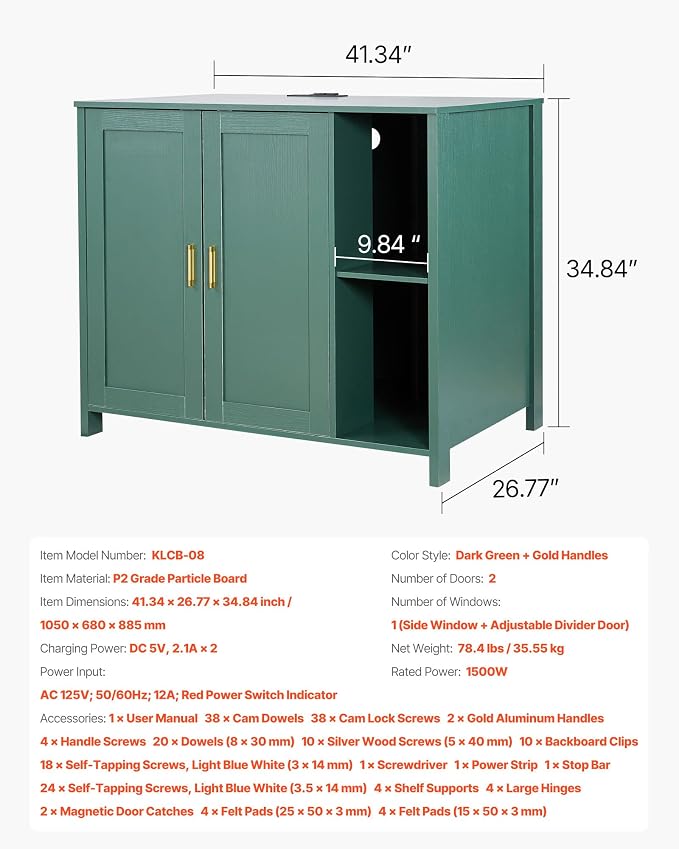 VEVOR Cat Enclosure, 41.3 in Self Cleaning Litter Box Cabinet, with Drawer & Detachable Divider, Automatic Litterbox Enclosure with Built-in Power Outlet, Fits Most Smart Litterboxes - Image 7