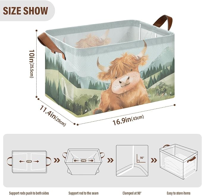 Cute Highland Cow Green Grass Baby Storage Basket with Labels&Handles Rectangular Nursery Storage Bins Collapsible Shelf Organizer Baskets for Kids Books Cloth Gift Basket Toys Laundry, 2 Pack - Image 6