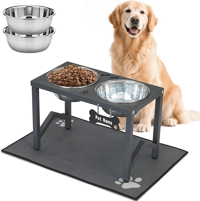 Elevated Dog Bowls, Metal Raised Dog Bowl Stand with 2 Thick 58oz Stainless Steel Food Bowls & Non-Slip Mat - 11.8" Tall for Medium/Large Breeds(Grey) by FLODOMIXHOME
