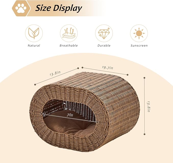 Cat House,Handwoven Cat Cave Pet Cube, Rattan Cat Beds Indoor Kitten House with Double-Sided Soft Cushions, Pet Cat House for Multiple Cats, for Living Room Bedroom - Image 2