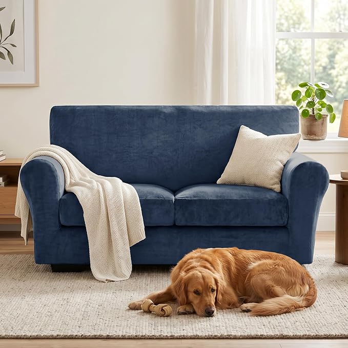 XINEAGE 3-Piece Velvet Loveseat Sofa Cover, Couch Covers for Dog,Navy Blue | 2 Cushion Loveseat,Stretch Non-slip Elastic, Pet-friendly, Washable, Fast Setup, Soft Plush Fabric, Furniture Protector. - Image 4