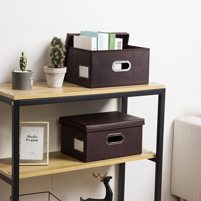 PRANDOM Collapsible Storage Box with Lid [3-Pack] Leather Fabric Foldable Storage Bin Organizer Container Basket Cube with Cover for Home Bedroom Closet Office Nursery Brown(13.6x9.6x6.9) - Image 2
