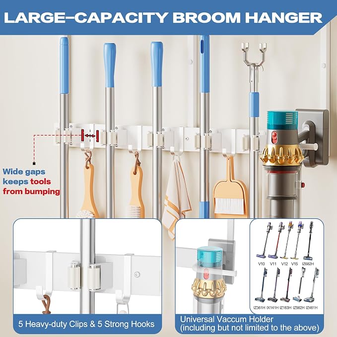 Broom Holder Wall Mount with Cleaning Supplies Organizer, Laundry Room Organization and Storage Shelf with Mop Hanger Rack Gripper Hooks, Utility Shelf Closet Organizer Floating Shelves for Garage - Image 3