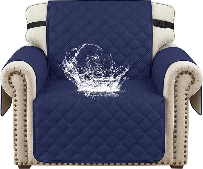 Waterproof Chair Covers for Living Room, Sofa Covers for Pets Washable with Side Pockets, Non Slip Couch Covers for Dogs, Quilted Dog Couch Cover with Elastic Straps (Armchair, Navy Blue) by CYCMACOHOME