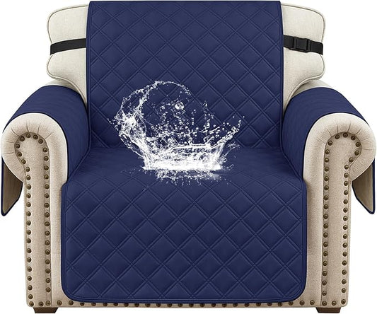 Waterproof Chair Covers for Living Room, Sofa Covers for Pets Washable with Side Pockets, Non Slip Couch Covers for Dogs, Quilted Dog Couch Cover with Elastic Straps (Armchair, Navy Blue) by CYCMACOHOME