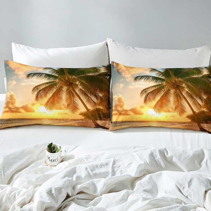 Ocean Sheet Set,Beach Themed Bedding Set Sunset Palm Tree Fitted Sheet & Flat Sheet Teal Blue Brown Ocean Sea Life Pattern Coastal Bed Sheet Set for Kids Boys Girls Bedroom Decor(King Size,Top Sheet) - Image 7