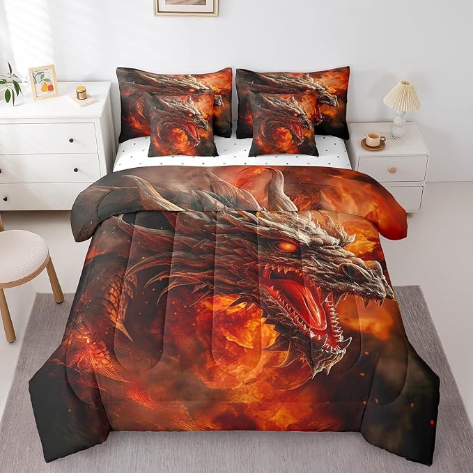 7 Pieces Comforter Set King Size, Red Fire Dragon Bedding Bed in a Bag with Flat Sheet and Fitted Sheet for Kids and Adults, 3D Fire Dragon Comforter Set with Sheets, Pillowcases & Pillow Covers - Image 3