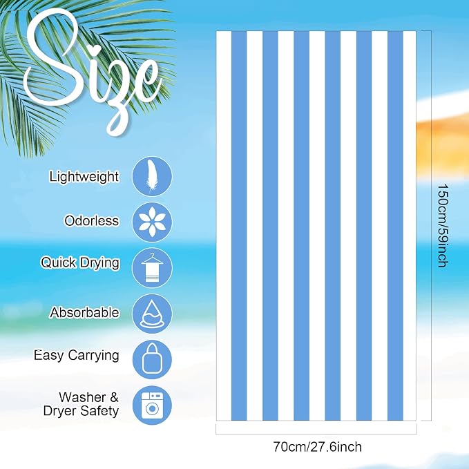 EBOOT 10 Pack Oversized Beach Towel Set Extra Large Pool Towels Microfiber Quick Dry Swim Blanket for Adult Women Men Face Hand Body Bath Travel Pool(Plain Color,28 x 59 Inch,Cabana Stripe) - Image 2