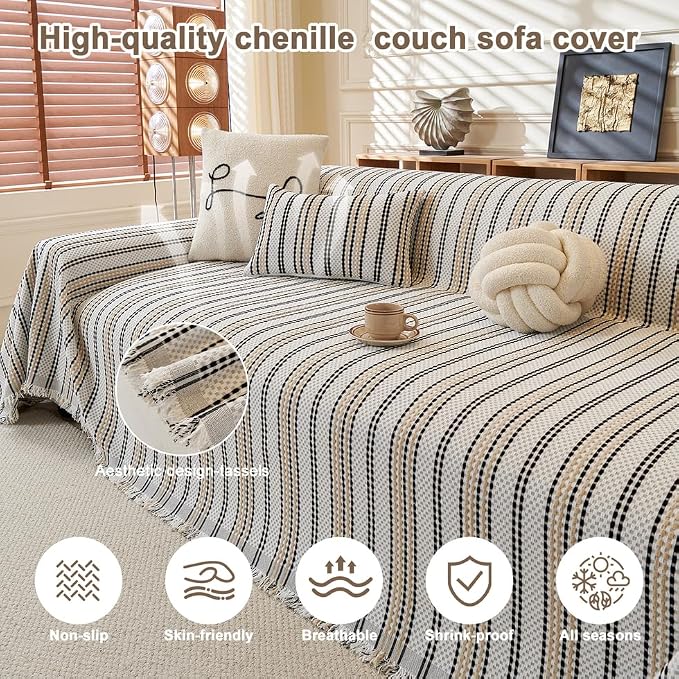 ROOMLIFE Thicked Striped Boho Khaki Couch Cover for 2-3 Cushion Sofa, Chenille Sofa Slipcovers Sectional Sofas Covers for Dog, Non Slip Washable Furniture Protector Soft with Tassel 71''X134'' - Image 2