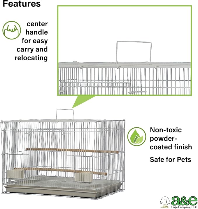 A&E Cage Co 503 Flight Bird Cage for Finches & Parakeets, 24"x16"x16" White | 2 Feeder Stations, Wood Perch, Slide-Out Cleaning Tray, Carry Handle, Safe Bar Spacing for Small Birds - Image 4