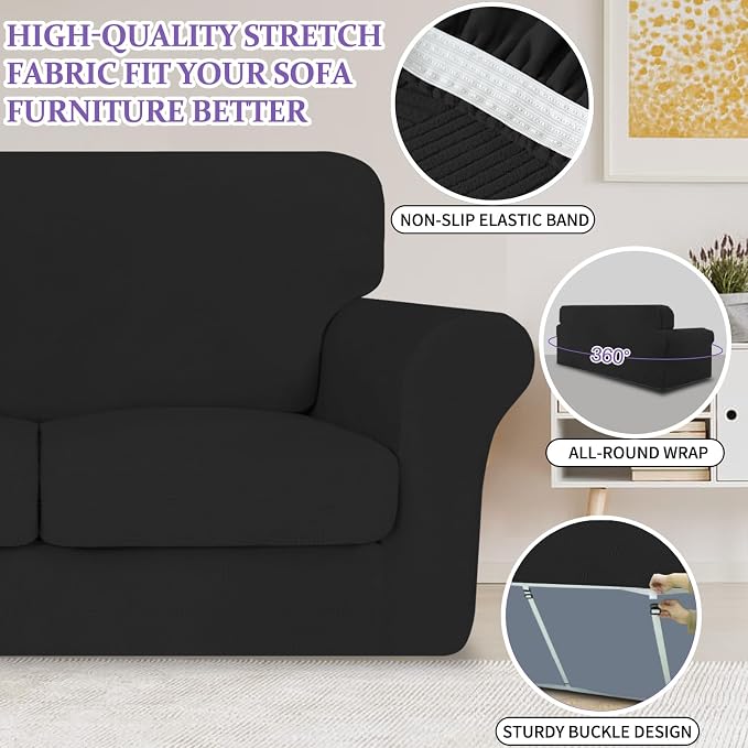ZNSAYOTX 3 Piece Stretch Sofa Covers (71"-91") for 2 XL Cushion Couch, Thick Striped Sofa Cover with Elastic Band Bottom Ties Non-Slip Stay in Place, Soft Durable Couch Slipcovers, Black - Image 5