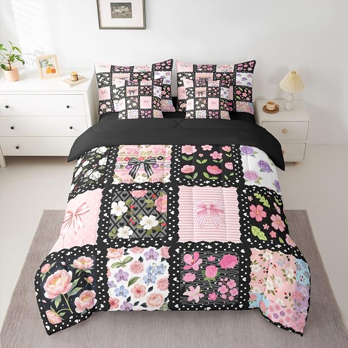 Feelyou Cute Flower 7 Piece Bedding Set Cute Bow Comforter Set with Sheets for Kids Boys Girls Black Pink Theme Bed in a Bag Sweet Princess Theme Bed Set Soft Lightweight - Image 5