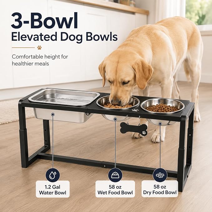 Metal Elevated Dog Bowls for Medium/Large Breed, 3 Adjustable Height(8.8''/11.5''/14'') Raised Dog Bowl Stand with Two 58oz & One 1.2gallons Large Stainless Steel Dog Food Water Bowls - Image 2