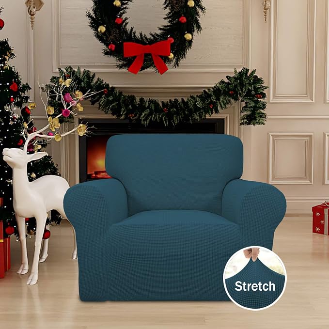 Easy-Going Stretch Chair Sofa Slipcover 1-Piece Couch Sofa Cover Furniture Protector Soft with Elastic Bottom for Kids, Pet. Spandex Jacquard Fabric Small Checks (Chair, Deep Teal) | 1-Piece Couch Sofa Cover Furniture Protector for Living Room Soft wit... - Image 2