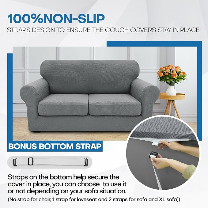 XINEAGE 2026 New 4 Pieces Extra Large Couch Covers for 3 Cushion Sofa Super Stretch Sofa Cover for 3 Large Seat Cushion Universal Slip Cover for Living Room (Light Gray), 91"-110"(3 Cushions) - Image 7