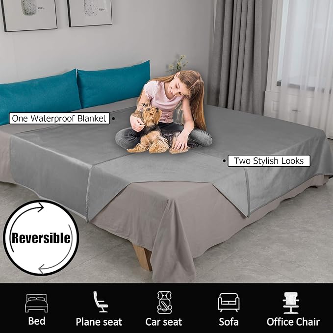 Ameritex Pet Bed Blanket Reversible 100% Waterproof Velvet Super Soft for Sofa and Bed (52x82 Inches, Light Grey+Grey) - Image 5