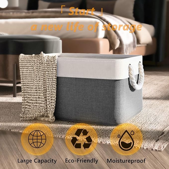 TheWarmHome Organization and Storage Basket for Organizing- 16x12x8 inch 1 Pack Fabric Storage Cubes, Collapsible Storage Bins for Shelves Organizer Gift Closet Cloth Toy (White & Grey) - Image 4