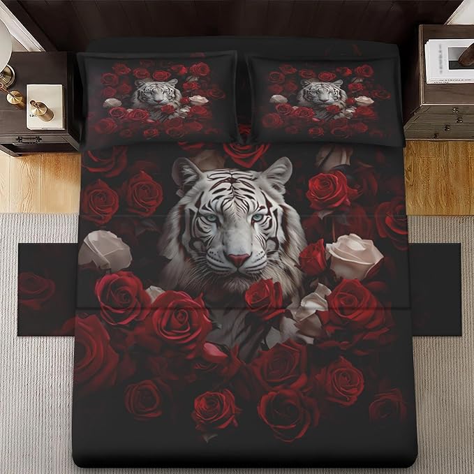 WeCozy Twin Size Bed Sheet Sets with Pillowcases, White Tiger Animal 3 Pcs Soft Microfiber Bedding for Kids and Adults, Beautiful Red Rose Flower Flat, Fitted Sheet for Bedroom Bed Decor - Image 3