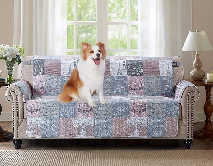 Brilliant Sunshine Latte Grey Paris & Toile Couch Cover, 70" seat | Non Slip Sofa Cover, Patchwork Design, Quilted Furniture Protector, Large Washable Slipcover for Pets, Dogs & Cats by BrilliantSunshine