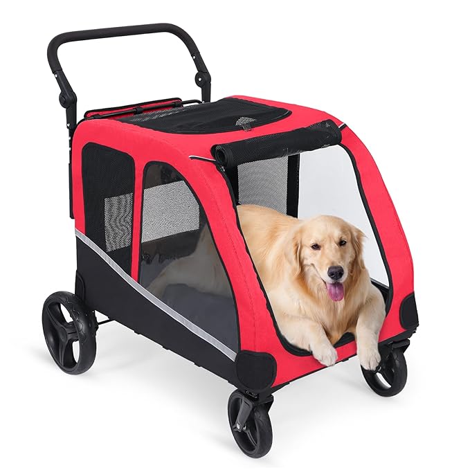 Stroller for Large Dogs, Extra Large Pet Stroller for Medium 2 Dogs, Dog Wagon, Dog Carriage, Foldable Design, Adjustable Handle, with Pocket, Up to 160 lbs, Red