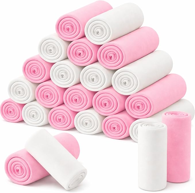 Newwiee 24 Pcs Bulk Fleece Throw Blankets 50'' x 60'' Oeko-tex Standard 100 Certified for Outdoor Wedding Guest Blankets Donation Homeless Sleepover Lap Pet Sofa, All Seasons Use (Light Pink/White) by Newwiee
