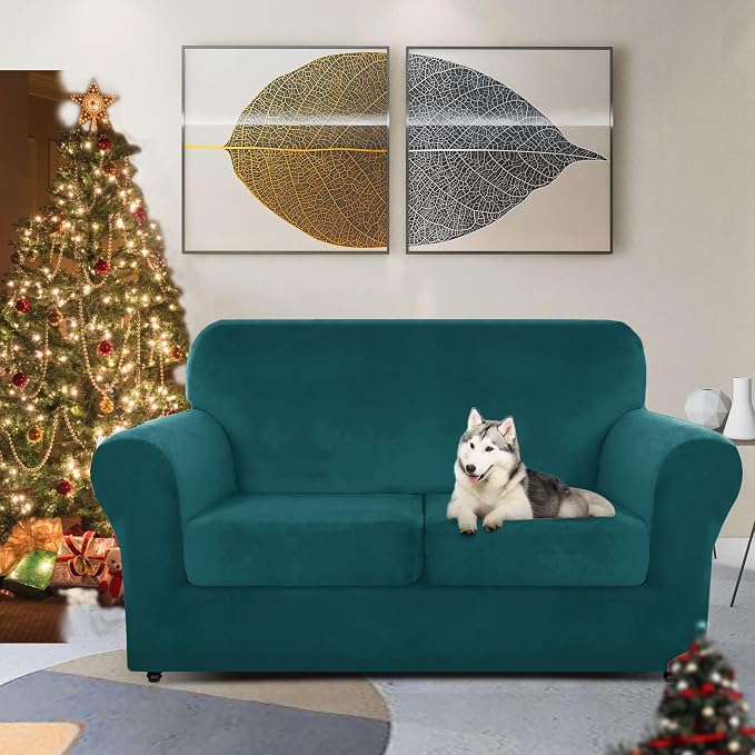 ZNSAYOTX Luxury Velvet Sofa Cover 3 Piece (57"-70") Stretch Loveseat Covers for 2 Cushion Couch Thick Soft Couch Slipcover with Non Slip Strap, Dog Pet Friendly Nice Furniture Protector (Deap Teal) - Image 2