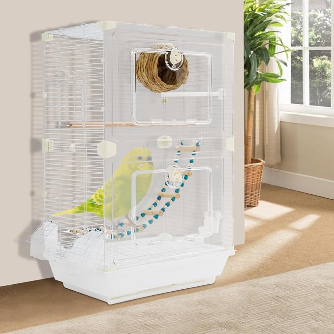 2-Door Wrought Iron Bird Cage Parakeet Cage with Handles, Parrot Cage Pet Birds Flight Cage, 360° View Interactive Birdcages Bird House Travel Cages for 1-3 Birds (25" H, Transparent-B) - Image 5