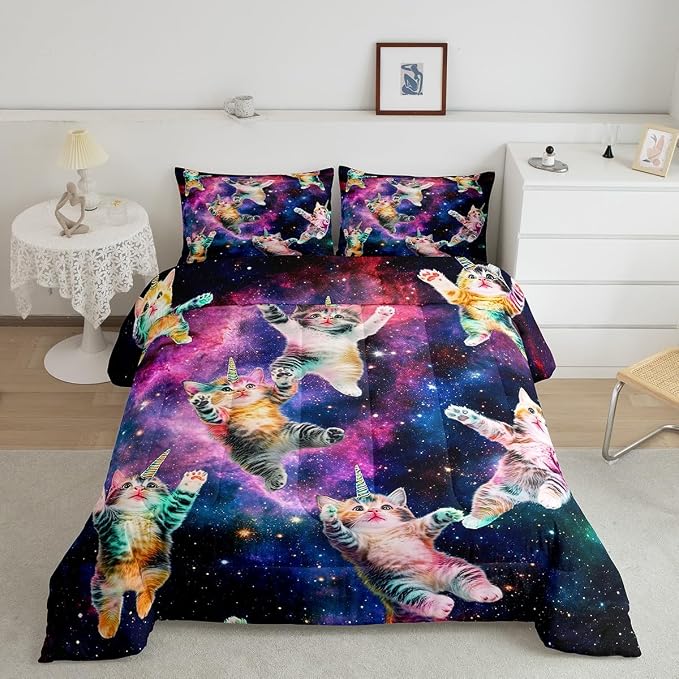Feelyou Galaxy Unicorn Comforter Set Kids Cute Unicorn Cats Bedding Set for Boys Girls Fairy Cartoon Animal Comforter Stars Rainbow Cats Decor Quilt Set Room Decor 3Pcs Queen Size by Feelyou