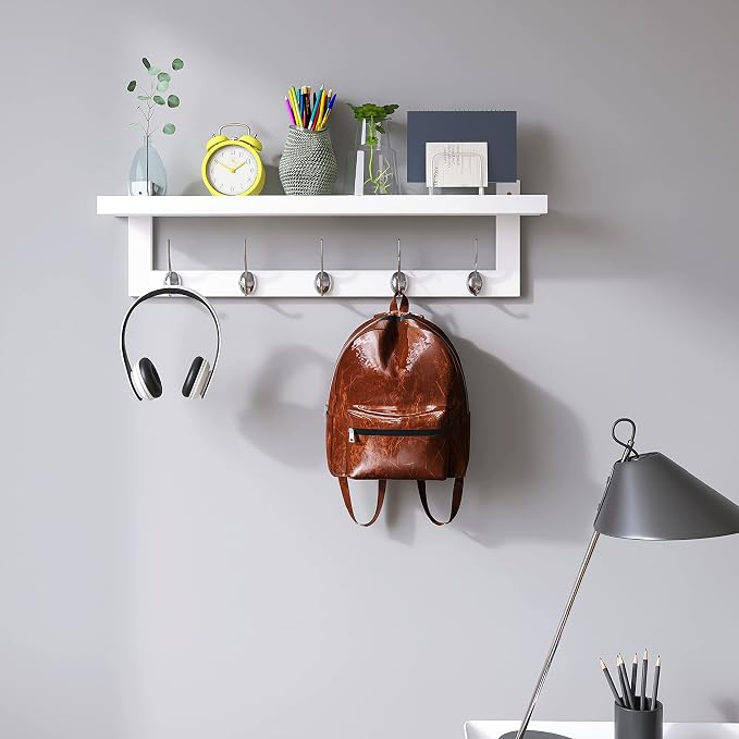 SMIBUY Coat Hooks with Shelf Wall-Mounted, 29.2 Inch Entryway Coat Rack for Wall, Bamboo Hanging Shelf with 5 Double Metal Hooks for Bathroom, Bedroom, Kitchen, Living Room, Mudroom (White) - Image 2