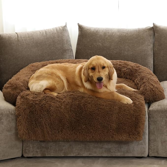 GGIB Calming Dog Bed Fluffy Plush Dog Mat for Furniture Protector with Removable Washable Cover for Large Medium Small Dogs and Cats (Extra Large (53x39.3x6), Brown) by GGIB