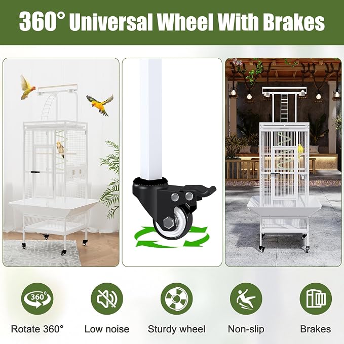 Erinnyees 61 Inch Wrought Iron Large Bird Cage with Rolling Stand, Heavy-Duty Parakeet Cage with Pull-Out Tray and Wheels, Birdcage for Parrots, Cockatiels, Budgies, Lovebirds, Macaws (White) - Image 5