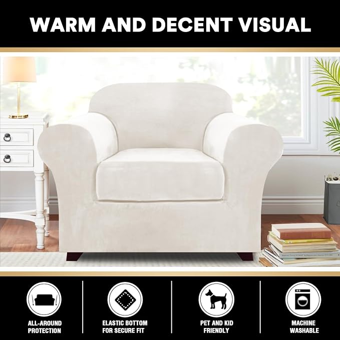 PrinceDeco Velvet Plush Couch Cover Stretch 2 Piece Chair Cover Chair Slipcover Washable Furniture Protector Couch Soft with Elastic Bottom Armchair Cover Width Up to 49 Inch(Small, Porcelain) - Image 2