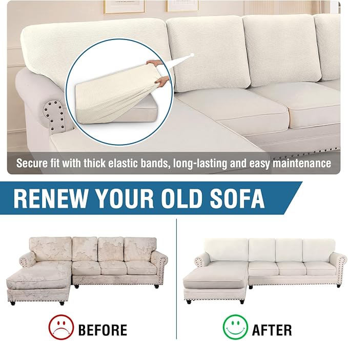 H.VERSAILTEX Backrest Cushion Covers Sectional Couch Back Cushion Covers for Sectional Sofa Set for Both Left/Right Couch (Back Only: 1 Chaise + 3 Sofa, Ivory) - Image 5