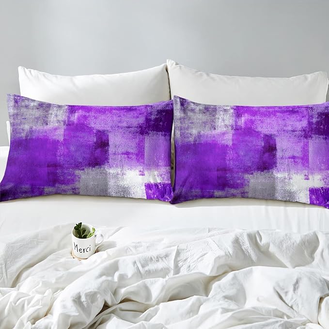 Erosebridal Oil Painting Bed Sheets Set for Kids Boys Girls,Purple Grey Sheet Set,Watercolor Ombre Sheets,Contemporary Abstract Artwork Flat Fitted Sheet with 2 Pillowcases Bedroom Decor,King - Image 5