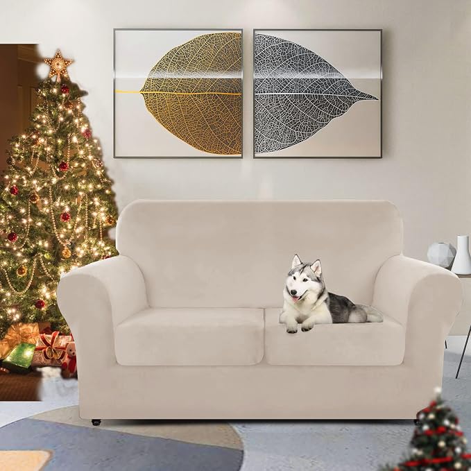 ZNSAYOTX Luxury Velvet Sofa Cover 3 Piece (57"-70") Stretch Loveseat Covers for 2 Cushion Couch Thick Soft Couch Slipcover with Non Slip Strap, Dog Pet Friendly Nice Furniture Protector (Khaki) - Image 2