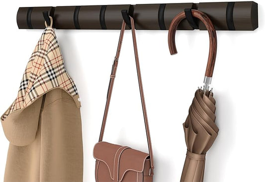 Umbra Flip Coat Rack, Wall Mount 8-Hook, Space Saving, Walnut/Black | Real wood and steel build, retractable hooks fold flat, holds coats bags and scarves, easy install by Umbra