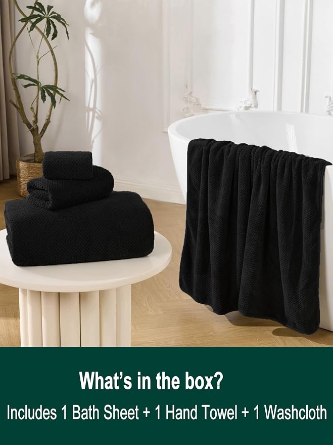 Extra Large Bath Sheet Set 3-Piece, 1 Bath Towel 40x80 Inches, 1 Hand Towel, 1 Washcloth, Soft Absorbent Quick Dry Microfiber Towel for Bathroom Beach Pool Gym Spa, Black - Image 3