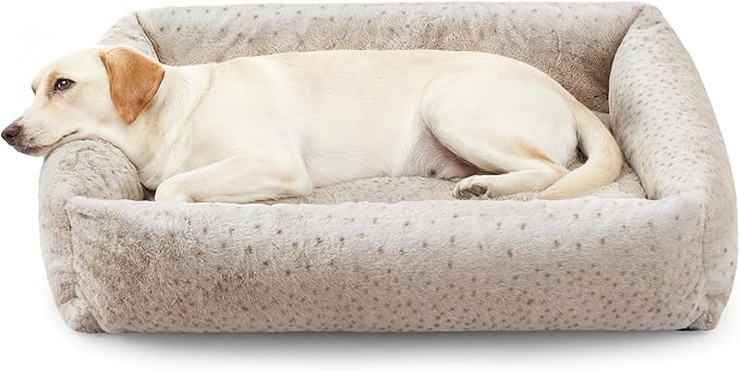 JOEJOY XL Dog Beds Large Sized Dog, Removable Washable Cover Orthopedic Soft Faux Rabbit Fur Pet Bed, Anti-Slip Fluffy Plush Faux Rabbit Fur Puppy Bed, 42"x36"x9", Leopard Print, Beige by JOEJOY