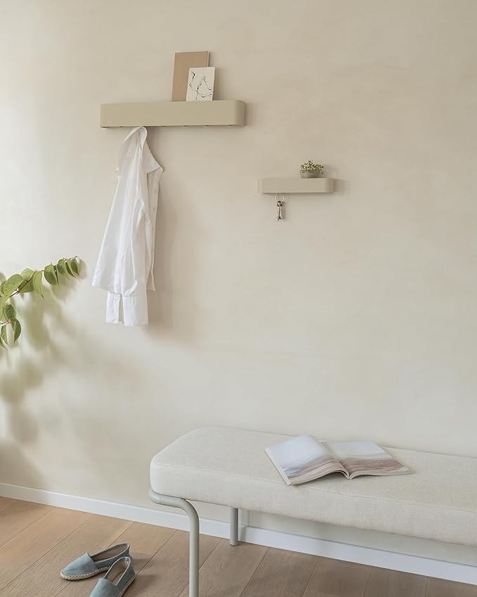 Kazai. Coat Rack Wall Mount with Shelf 'Tone' | Modern Design Coat Hanger with Hidden Hooks and Storage | Hat Rack with Shelf in Metal | Wall-Mounted Purse Organizer | Sand Taupe - Image 4