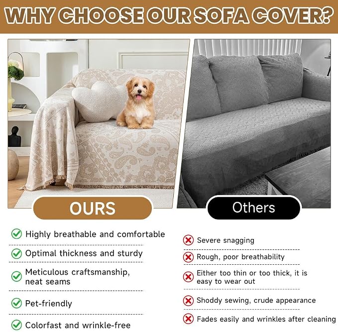 ROOMLIFE Beige Couch Covers for Sofa, Sofa Covers Washable Non Slip Furniture Protector Couch Sofa Covers for 3 Cushion Couch, Breathable Sofa Slipcovers Couch Cover Blanket with Tassels 71" X 118" - Image 3