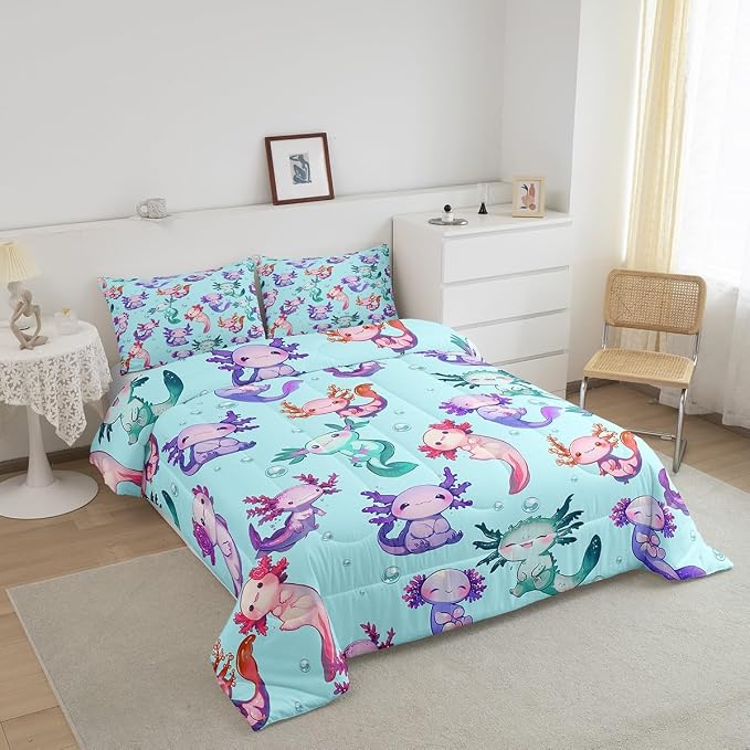 Manfei Cartoon Axolotl Comforter Set Twin Size,Cute Purple Blue Wildlife Animal Bedding Set for Girls Teens Bedroom Decor Green Polka Dots Sea Creature Soft Chic Quilted Duvet with 1 Pillowcase - Image 3