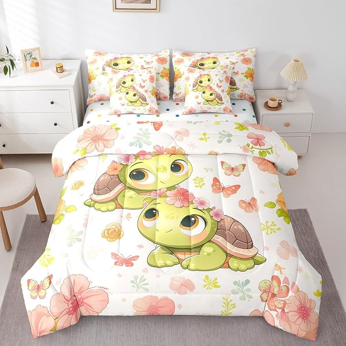 Erosebridal Cute Sea Turtle 7-Piece Bedding Set King Size, Ocean Animal Tortoise Bed in A Bag, Sakura Cherry Blossom Comforter Set with Sheets, Butterfly Bedding Comforter Sets - Image 3