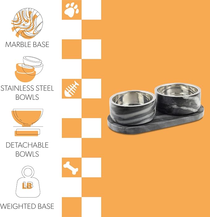 DBL1000D Marbre Small/Medium Modern Weighted Double Marble and Stainless Steel Bowl 12oz (1.5 Cups) Feeder with Non-Slip Marble Tray Set, Black/White - Image 4