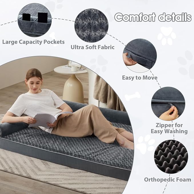 BFPETHOME Orthopedic Washable Human Dog Bed for Adult & Dog Cozy Sleep | Human Size Waterproof Big Soft Pet Couch Bed for Adult & Dogs Relax with Removable Cover Supportive Foam Dark Grey 71x46 Inch - Image 3