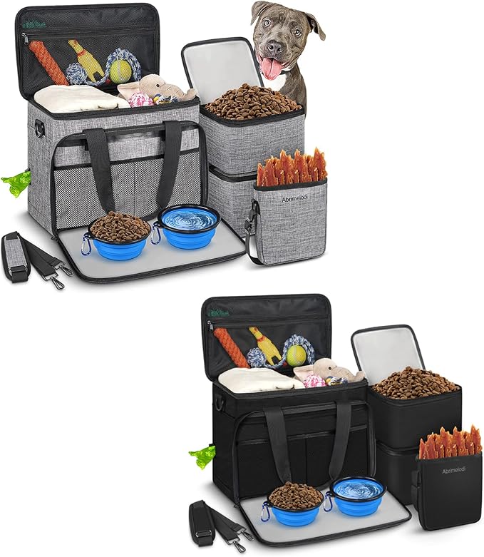 Mancro 6 Set Dog Travel Bag, Large Pet Travel Bag for Supplies Includes 2 Food Containers, 1 Travel Organizer for Dogs, 2 Collapsible Bowls, 1 Treat Pouch by Abrimelodi