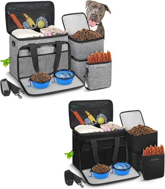 Mancro 6 Set Dog Travel Bag, Large Pet Travel Bag for Supplies Includes 2 Food Containers, 1 Travel Organizer for Dogs, 2 Collapsible Bowls, 1 Treat Pouch by Abrimelodi