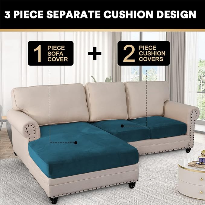 PrinceDeco Sectional Couch Covers 3 Pieces Velvet Sofa Covers L Shape Soft Couch Covers for Sectional Sofa Corner Sofa Cover Couch Cover for Dogs Washable (2 Seater + 1 Chaise,Deep Teal) - Image 3