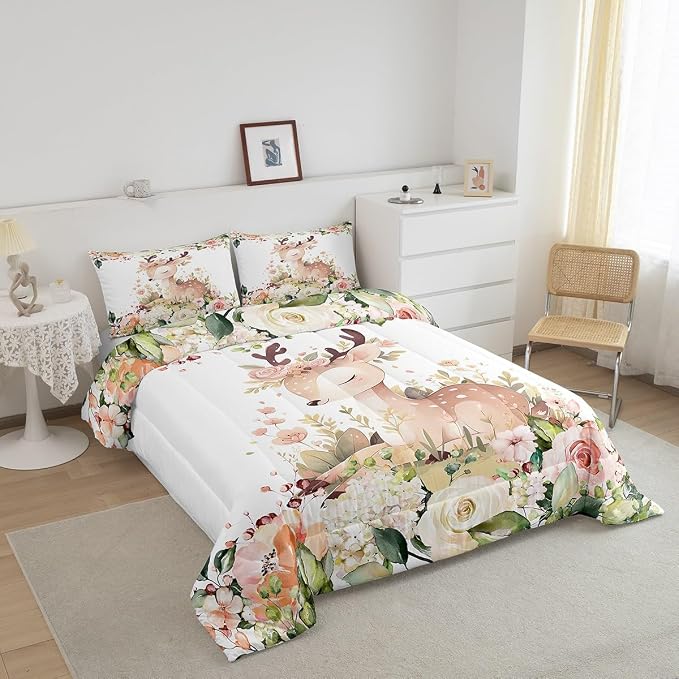 Manfei Watercolor Flowers Leaves Garden Boys Girls Comforter Set Full Size,Cute Deer Duvet Set Teens Bedroom Decor,Cartoon Wild Animal Microfiber Soft Bedding - Image 3