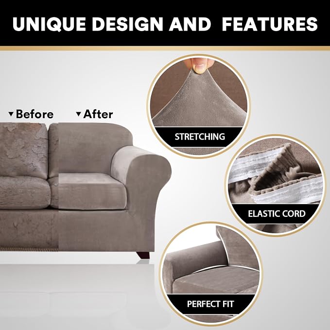 PrinceDeco Velvet Plush Couch Cover Stretch 2 Piece Chair Cover Chair Slipcover Washable Furniture Protector Couch Soft with Elastic Bottom Armchair Cover Width Up to 49 Inch(Small, Taupe) - Image 3
